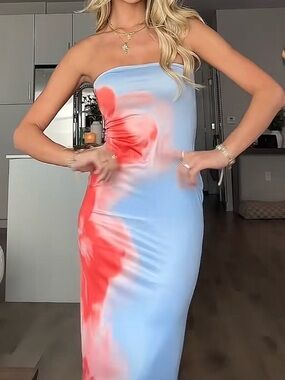 Strapless Blue & Red Tie-Dye Maxi Dress
